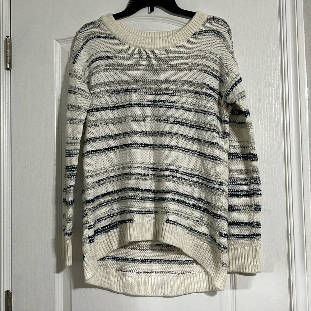 Calvin Klein Jeans Cream and Navy Striped Crewneck Sweater Sz S Fits up to M”